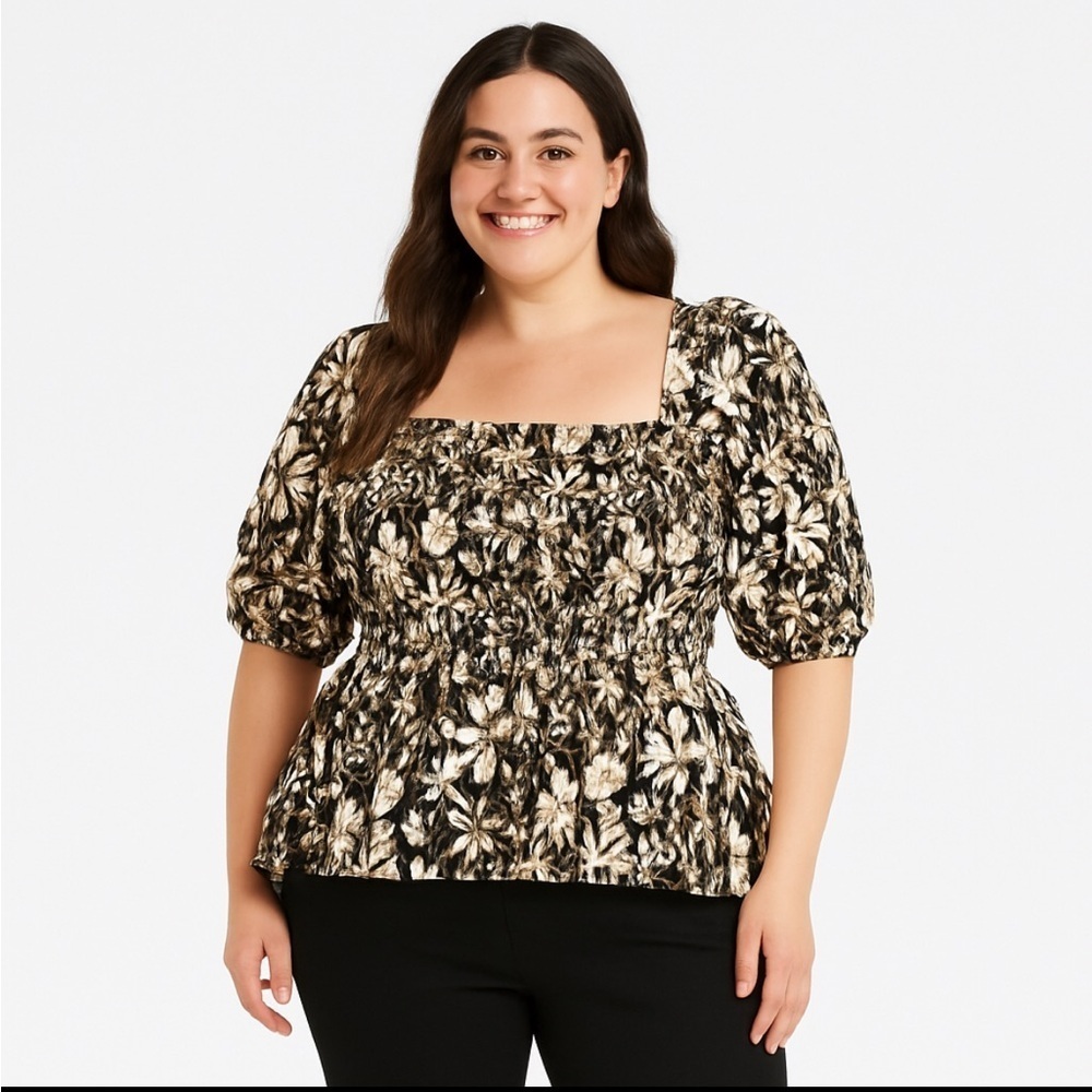 Ava & Viv Top Womens 3x Black & Cream Floral Puff Sleeve Peplum Ruched Bodice